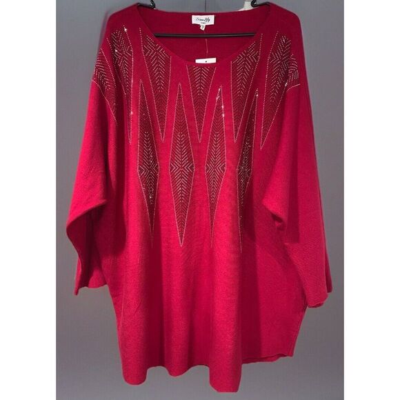 Siren Lily Sweater Women Plus 3X Red 3/4 Sleeve Rhinestone‎ Embellished New - Picture 1 of 8